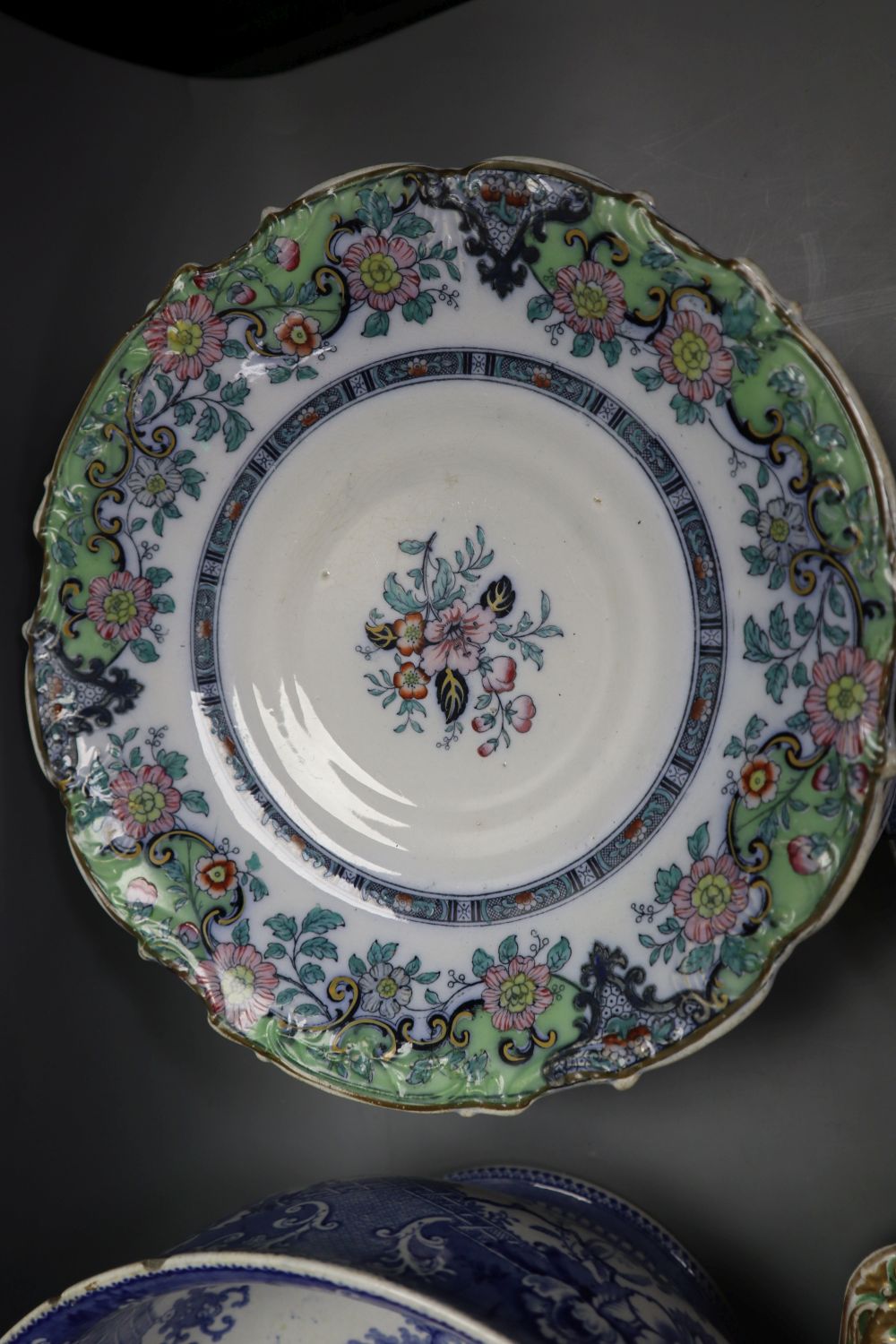 A collection of Victorian Staffordshire dessert and dinner wares (a.f.)